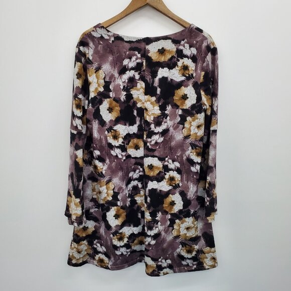 Womens L Boho Floral Mini Dress Long Sleeve Purple Yellow V-Neck Tunic Lined - Picture 4 of 15